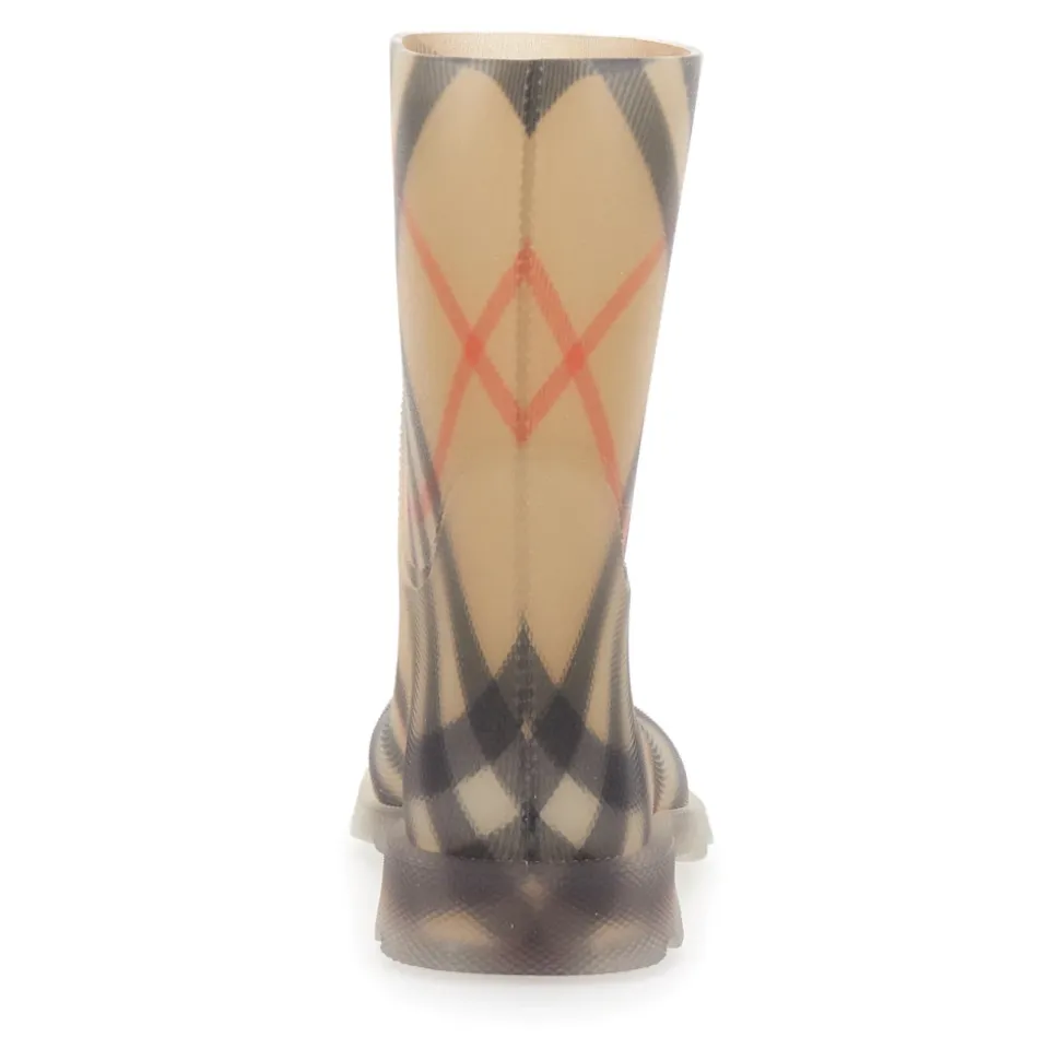 Beige Check Motif Rubber Boots
