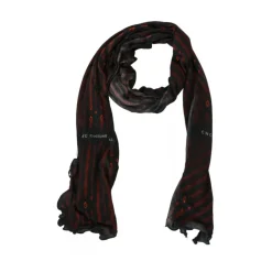 Black Red Viscose Striped Scarf