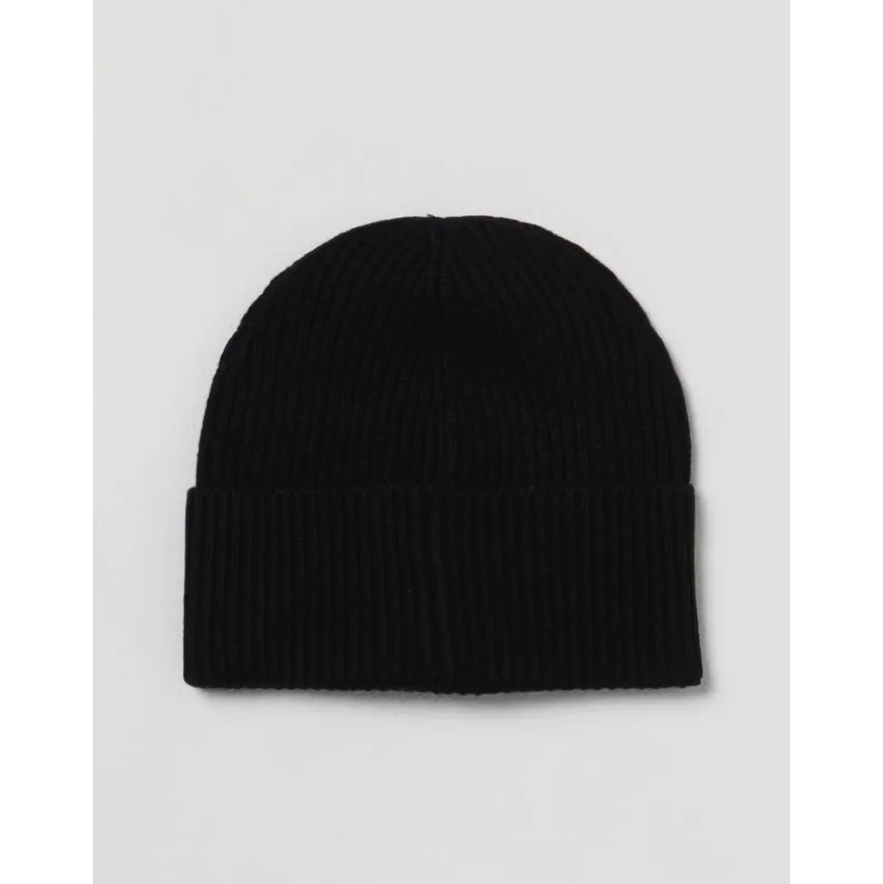 Black Ribbed Knit Beanie with Logo Patch