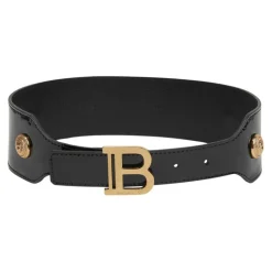 Black Varnished Leather Belt with Gold Lion Buttons