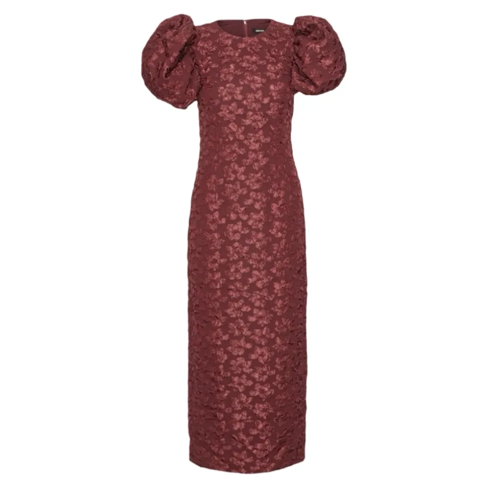 Burgundy Jacquard Midi Puffy Dress