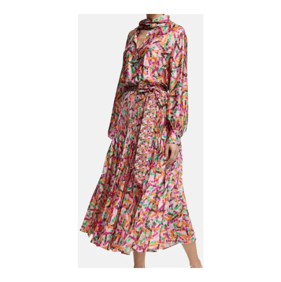 Twill Printed Lacito Pleated Midi Dress